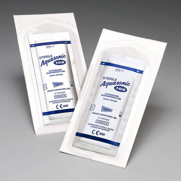 Two sealed sterile foil pouches of Aquasonic 100 Ultrasound Gel, placed against a light background.