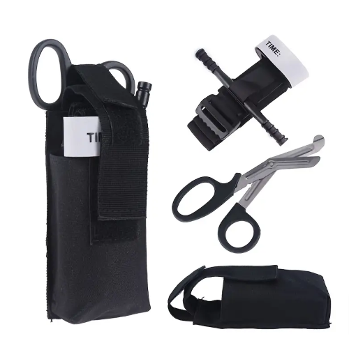 A set of medical equipment including a tourniquet and trauma shears, displayed alongside a black velcro carry case.