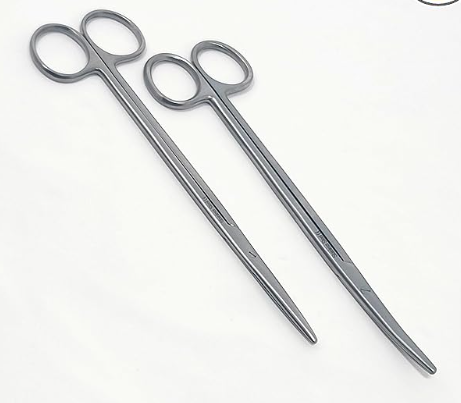 A pair of Metzenbaum scissors made of stainless steel, with straight blades.