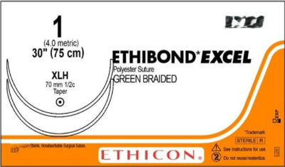 Ethibond Excel suture package with specifications on a white background
