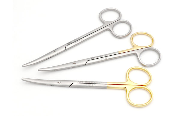 A set of Metzenbaum scissors with straight and curved blades, featuring silver and gold handles.