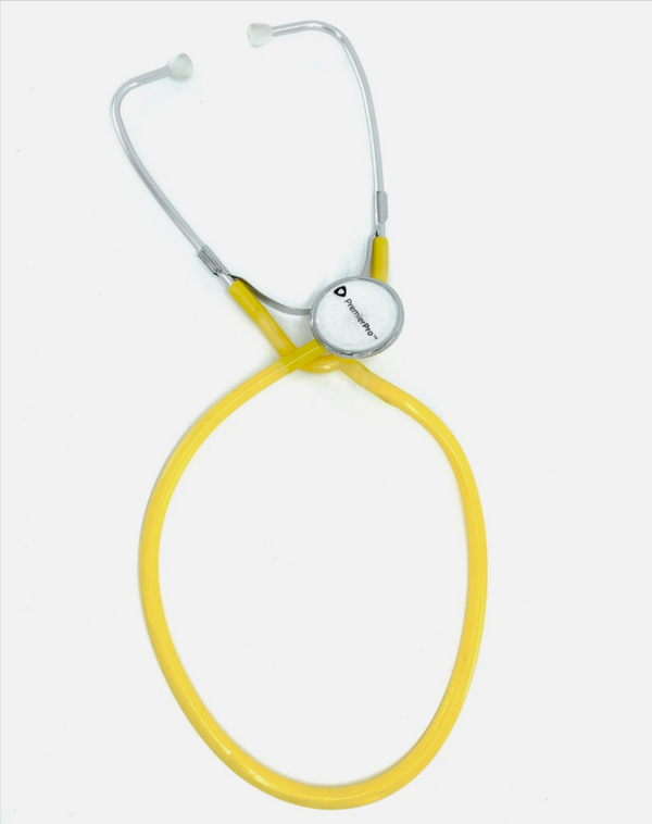 Stethoscope with yellow tubing on a white background