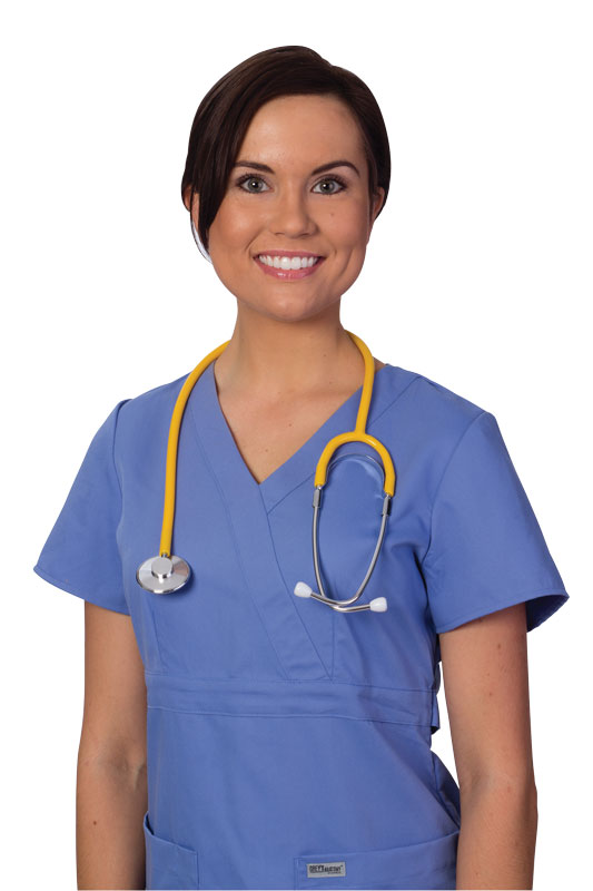 Person wearing blue medical scrubs with a stethoscope on a white background