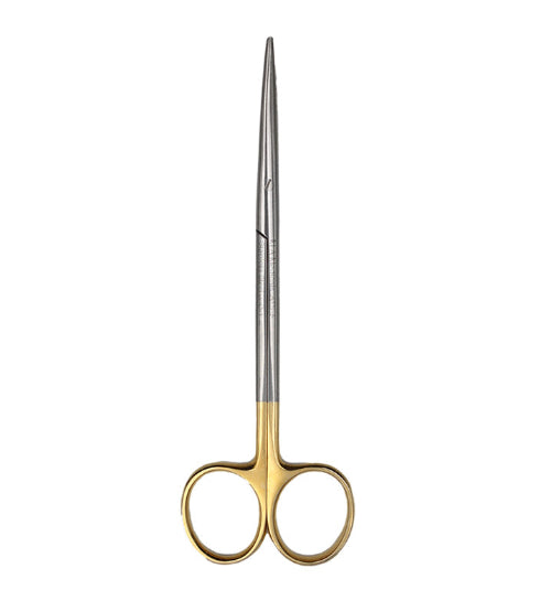 A set of Metzenbaum scissors with straight and curved blades, featuring silver and gold handles.
