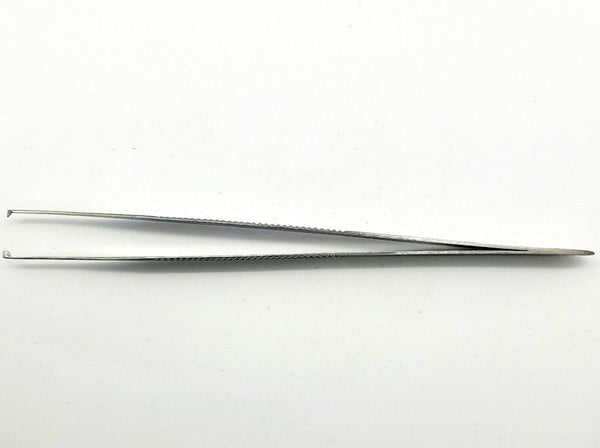 A stainless steel Adson tissue forceps with serrated grip and one tooth on the tip.