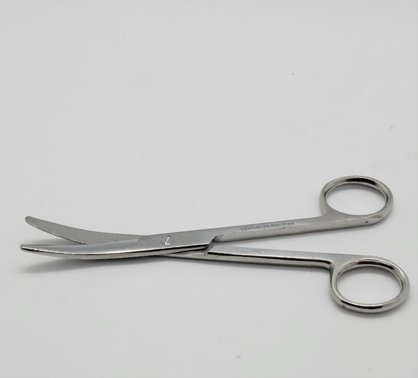 A pair of curved-bladed Mayo scissors made of stainless steel, with semi-blunt points and curved tips.