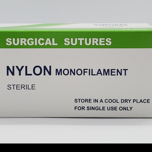 Box of surgical sutures labeled 'Nylon Monofilament' on a white background