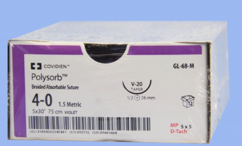 Box of Polysorb suture by Covidien on a blue background