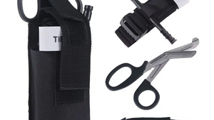 A set of medical equipment including a tourniquet and trauma shears, displayed alongside a black velcro carry case.
