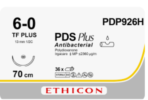Ethicon PDS Plus Antibacterial suture package with specifications on a white background