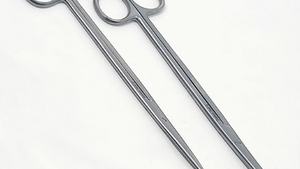 A pair of Metzenbaum scissors made of stainless steel, with straight blades.