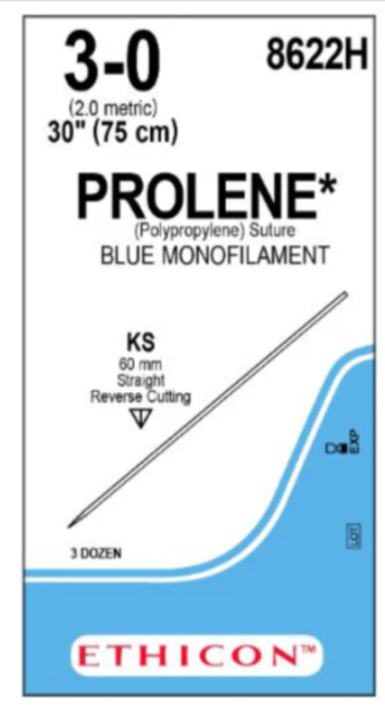 Prolene suture package with specifications and Ethicon branding on a white background