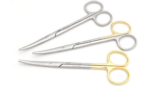 A set of Metzenbaum scissors with straight and curved blades, featuring silver and gold handles.