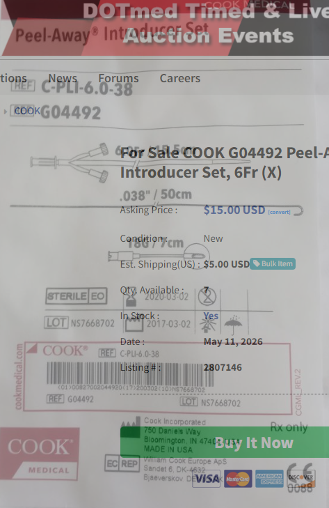 COOK MEDICAL G02201 Peel-Away Introducer Set - For Practice Use