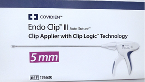 Packaging for the Covidien Endo Clip III Auto Suture Clip Applier with Clip Logic Technology, featuring a 5 mm clip.