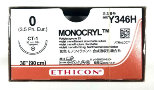 Ethicon Monocryl suture package with branding and product details.