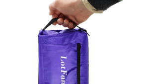 A hand holding a purple portable zipper bag with the brand name 'Loftancy' visible on the side.