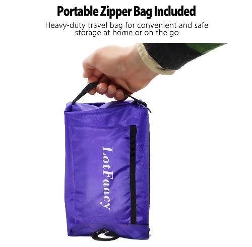 A hand holding a purple portable zipper bag with the brand name 'Loftancy' visible on the side.