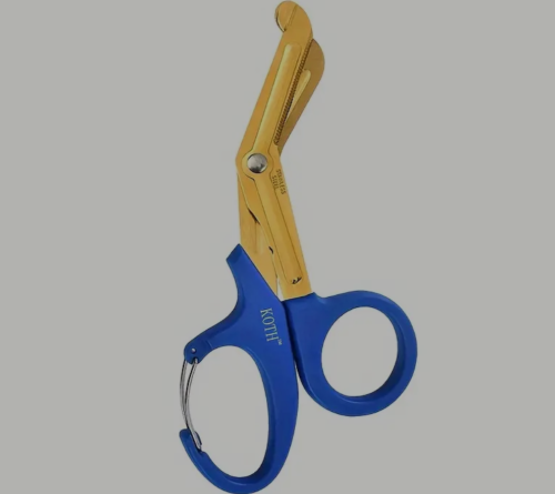 A pair of blue-handled trauma shears with a gold-colored stainless steel body and belt clip.
