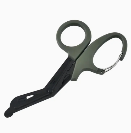 A collection of trauma shears in black, orange, and green colors, with straight blades and ergonomic handles.