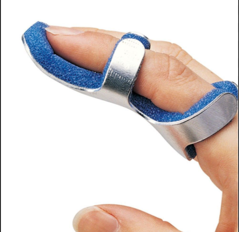 Finger with a metallic and blue cushioned splint on a white background
