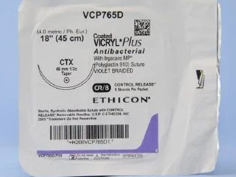 Vicryl Plus suture package with label on a blue background