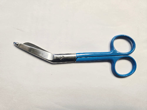 Pair of scissors with blue handles on a white background