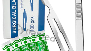 Disposable safety scalpels with sterile blades, packaging shows '100 pcs' and 'SURGICAL BLADES' text.