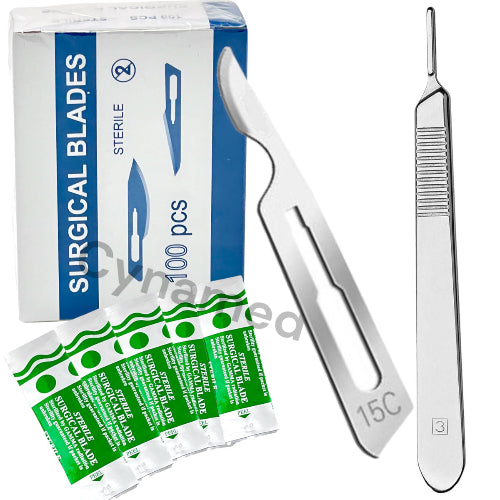 Disposable safety scalpels with sterile blades, packaging shows '100 pcs' and 'SURGICAL BLADES' text.