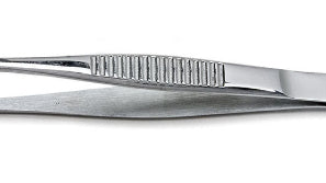 A 5-inch stainless steel dressing forceps with serrated ends.