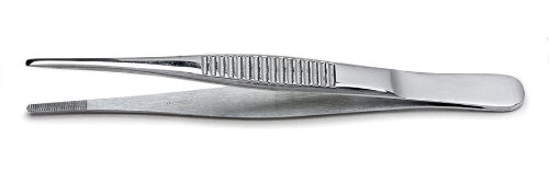 A 5-inch stainless steel dressing forceps with serrated ends.