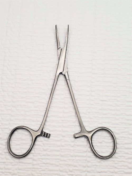 A stainless steel Mayo-Hegar needle holder with serrated teeth, featuring a ratcheted, finger ring instrument design.