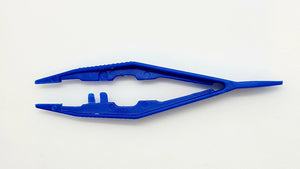 A blue suture removal tool with a pointed tip and multiple slots for versatile and precise use.