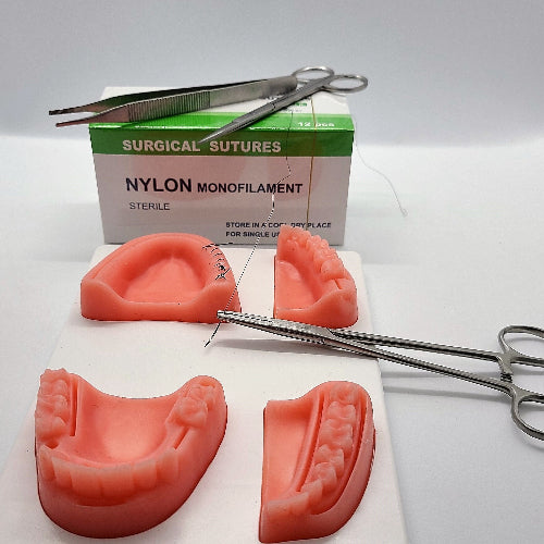 Dental suture kit including a silicone suture pad with attached tools and a box of Nylon sutures.