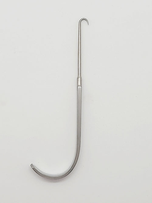 A stainless steel tracheostomy hook with a curved end and a straight handle.