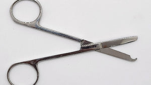 A pair of silver-colored ligature gum scissors with curved blades and a small hook at the end of one blade.