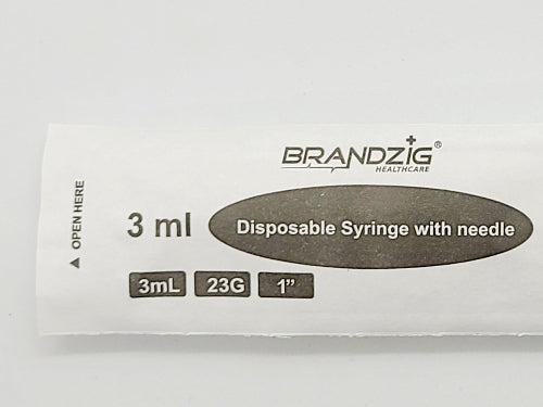 Disposable syringe packaging with Brandzig Healthcare branding on a white background