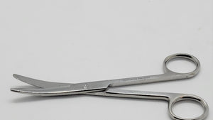A pair of curved-bladed Mayo scissors made of stainless steel, with semi-blunt points and curved tips.