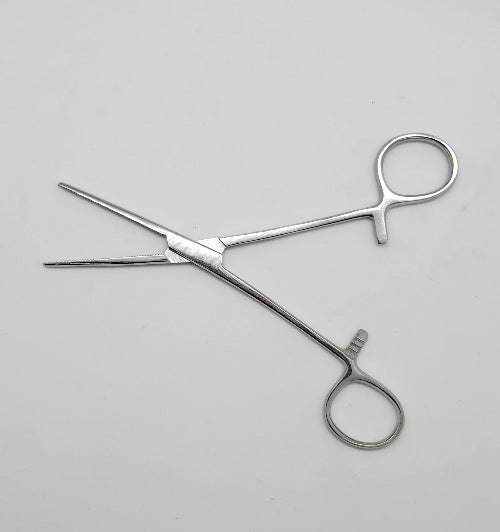 A stainless steel Mayo-Hegar long jaw needle holder with serrated teeth, designed for surgical procedures.