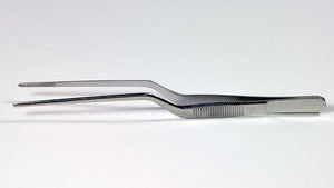 A pair of stainless steel bayonet forceps with serrated tips on a white background.