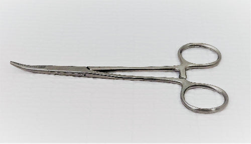 A stainless steel curved hemostat with serrated tips, featuring a ring forceps design for medical use.