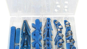 A plastic box containing an assortment of blue and gray finger splints of various sizes.